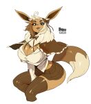  accessory anthro big_breasts bottomwear breasts brown_body brown_fur cleavage clothed clothing eevee female fur hair_accessory hair_bow hair_ribbon hi_res maniacpaint nintendo pok&eacute;mon pok&eacute;mon_(species) ribbons simple_background sitting skirt solo video_games white_background 
