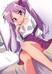  1girl arm_support bangs bare_legs bed bedroom blush bow closed_mouth collarbone commentary_request dutch_angle embarrassed eyebrows_visible_through_hair feet_out_of_frame hair_bow hand_up highres hiiragi_kagami hotaru_iori indoors long_hair long_sleeves looking_at_viewer lucky_star on_bed pillow pink_ribbon puffy_long_sleeves puffy_sleeves purple_bow purple_eyes purple_hair purple_skirt ribbon shirt sitting sitting_on_bed skirt solo suspender_skirt suspenders suspenders_slip twintails very_long_hair white_shirt 