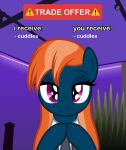 absurd_res badumsquish clothing equid equine fan_character female hair hands_together hasbro hi_res hooves horse kalianne lidded_eyes looking_at_viewer mammal meme my_little_pony necktie orange_hair pony pupils purple_eyes slit_pupils smile solo suit trade_offer 