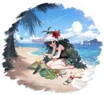  1girl azur_lane bare_shoulders barefoot beach bikini black_bikini blush boat bow byulzzi cloud day feet flower green_hair hat hat_flower heart highres leg_tattoo long_hair looking_at_viewer manjuu_(azur_lane) mountain ocean official_alternate_costume official_art open_mouth outdoors palm_tree red_bow red_eyes red_flower sailboat sandals see-through shadow shell sitting sky smile soles solo straw_hat sun_hat swimsuit tattoo thigh_tattoo toes torricelli_(azur_lane) torricelli_(shady_seaside)_(azur_lane) transparent_background tree turtle wariza water watercraft 