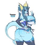  anthro big_breasts big_butt blue_body breasts butt cleavage clothed clothing eeveelution female hand_on_hip hi_res looking_at_viewer looking_back looking_back_at_viewer maniacpaint nintendo pok&eacute;mon pok&eacute;mon_(species) simple_background solo thick_thighs vaporeon video_games white_background 