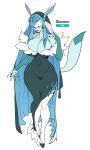  anthro big_breasts blindfold blue_body breasts cleavage clothed clothing eeveelution english_text female glaceon hi_res maniacpaint nintendo pok&eacute;mon pok&eacute;mon_(species) simple_background solo text video_games white_background wide_hips 