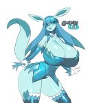  anthro big_breasts blue_body breasts cleavage clothed clothing eeveelution female glaceon hi_res huge_breasts legwear looking_at_viewer maniacpaint nintendo panties pok&eacute;mon pok&eacute;mon_(species) simple_background solo thigh_highs underwear video_games white_background 