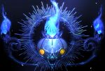  artist_name blue_fire body_markings chandelure commentary fire full_body gen_5_pokemon glowing_markings highres iogi_(iogi_k) looking_at_viewer pokemon repost_notice watermark yellow_eyes 