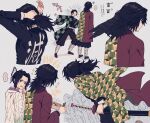  ... 1girl 234_(1234!) 2boys :d adjusting_hair arms_up black_hair blush butterfly_hair_ornament chopsticks crown eating expressionless from_behind grey_background hair_ornament hand_on_own_chin haori highres japanese_clothes kamado_tanjirou katana kimetsu_no_yaiba kimono kochou_shinobu leaning_to_the_side looking_at_another low_ponytail motion_lines multiple_boys multiple_views open_mouth outstretched_arms ponytail red_kimono sandals sheath sheathed simple_background smile speech_bubble sweat sword tabi tomioka_giyuu tree upper_body weapon 