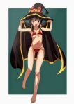  1girl absurdres barefoot bikini black_cape black_hair border breasts cape full_body green_background hat highres kono_subarashii_sekai_ni_shukufuku_wo! kosuda looking_at_viewer megumin red_bikini red_eyes short_hair small_breasts solo swimsuit two-tone_background white_border witch_hat 