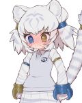  1girl animal_ears animal_print arms_at_sides bangs blue_eyes blush byakko_(kemono_friends) cat_girl chibi closed_mouth commentary_request crying crying_with_eyes_open eyebrows_visible_through_hair highres japari_symbol kemono_friends kemono_friends_3 long_sleeves medium_hair multicolored_hair necktie nose_blush notora pleated_skirt shirt simple_background skirt snot solo striped_tail sweater_vest tail tail_ornament tail_raised tears tiger_ears tiger_girl tiger_print tiger_tail two-tone_hair two_side_up unhappy white_background white_tiger_print yellow_eyes 