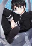  1boy arms_between_legs artist_name black_hair black_pants black_shirt blue_background blush closed_mouth collared_shirt crossed_legs eyebrows_visible_through_hair full_body grey_eyes hair_between_eyes hands_together head_tilt highres kisaragi_amatsuyu long_sleeves looking_at_viewer mari_(rodoney-kiara) nose ore_wo_suki_nano_wa_omae_dake_ka_yo pants school_uniform shiny shiny_hair shirt shoes short_hair sitting sitting_on_object solo sweat sweatdrop watering_can 