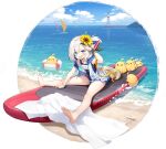  1girl azur_lane bare_arms barefoot beach blue_eyes blue_hair blue_sky blush bracelet byulzzi character_name cloud cloudy_sky collarbone day expressions feet flower full_body hair_flower hair_ornament highres jewelry legs libeccio_(azur_lane) libeccio_(beachbound_southwestern_wind!)_(azur_lane) lighthouse manjuu_(azur_lane) multicolored_hair ocean official_art open_mouth outdoors salute school_swimsuit shore short_hair silver_hair sitting sky smile sunflower sunflower_hair_ornament surfboard swimsuit toes towel transparent_background water 