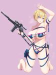  1girl arm_strap arm_up armpits bikini blonde_hair blue_bikini blue_eyes blush breasts collarbone full_body girls_frontline gun highres holding holding_gun holding_weapon kneeling large_breasts looking_at_viewer nail_polish navel pao_mian+dan parted_lips pink_nails purple_background short_hair simple_background solo swimsuit underboob vsk-94 vsk-94_(girls_frontline) weapon 