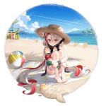  1girl azur_lane ball bangs bare_shoulders barefoot beach beach_towel beachball blue_sky blush byulzzi cloud cloudy_sky eyebrows_visible_through_hair flower full_body hair_between_eyes hair_ornament hair_scrunchie hat highres leg_hug long_hair maestrale_(azur_lane) maestrale_(lonesome_beachfarer)_(azur_lane) manjuu_(azur_lane) multicolored_hair ocean official_art outdoors parted_lips red_eyes red_hair scrunchie shadow shovel silver_hair sitting sky sleeping straw_hat swimsuit thigh_strap thighs toes towel transparent_background twintails very_long_hair water 