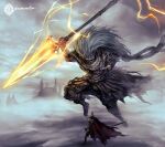  abyss_watcher armor cape cloud cloudy_sky crown daemonstar dark_souls_iii dual_wielding english_commentary holding holding_spear holding_weapon jumping knife long_hair nameless_king overcast polearm signature size_difference sky souls_(from_software) spear sword weapon white_hair wind 