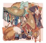  amigasa animal animal_focus artist_name border clothed_animal clothing_request commentary fox fox_mask hat highres japanese_clothes looking_at_viewer mask mouth_hold no_humans original pipe straw_hat symbol_commentary tonbippo08 twitter_username white_border 