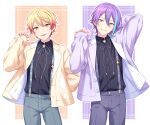  2boys :p absurdres black_shirt blonde_hair collared_shirt cowboy_shot earrings gradient_hair green_shorts grey_neckwear grey_ribbon grey_shorts hand_up head_tilt highres jacket jewelry kamishiro_rui looking_at_viewer male_focus multicolored_hair multiple_boys neck_ribbon open_clothes open_jacket parted_lips project_sekai purple_hair purple_jacket purple_neckwear purple_ribbon red_hair ribbon sekina shirt short_hair shorts smile standing streaked_hair stud_earrings suspenders tenma_tsukasa tongue tongue_out wing_collar yellow_eyes yellow_jacket 