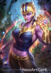  1girl aqua_eyes artist_name avengers avengers:_infinity_war breasts cowboy_shot genderswap genderswap_(mtf) infinity_gauntlet infinity_gems large_breasts looking_at_viewer marvel midriff navel neoartcore parted_lips smile solo thanos watermark web_address 
