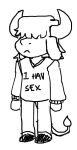  anthro bottomwear bovid bovine cattle clothing cowandbun digital_media_(artwork) eyes_covered footwear hair hair_over_eye hair_over_eyes horn male mammal marshal_(cowandbun) monochrome one_eye_obstructed pants shoes sketch solo standing sweater tail_tuft text text_on_clothing text_on_topwear topwear tuft 