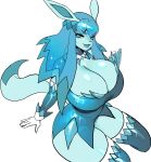  anthro big_breasts blue_hair breasts cleavage clothed clothing eeveelution female glaceon hair hi_res huge_breasts legwear maniacpaint nintendo pok&eacute;mon pok&eacute;mon_(species) simple_background solo thigh_highs video_games white_background 