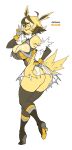  anthro big_breasts blonde_hair bottomwear breasts brown_hair butt_pose cleavage clothed clothing eeveelution female hair hi_res jolteon licking licking_lips licking_own_lips looking_at_viewer looking_back looking_back_at_viewer maniacpaint nintendo pok&eacute;mon pok&eacute;mon_(species) pose self_lick simple_background skirt solo thong tongue tongue_out underwear video_games white_background yellow_body 