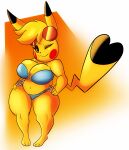  &lt;3_tail anthro big_breasts bikini blonde_hair breasts cleavage cleft_tail clothed clothing cosplay_pikachu_(character) dipstick_ears dipstick_tail eyewear eyewear_on_head female hair hand_on_hip hi_res kanna_(joaoppereiraus) looking_at_viewer multicolored_ears multicolored_tail nintendo one_eye_closed pikachu pok&eacute;mon pok&eacute;mon_(species) solo solratic sunglasses sunglasses_on_head swimwear video_games wide_hips wink yellow_body 