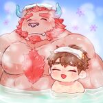  anthro bathing blush body_hair chernobog chest_hair demon duo fur hiryuuuuuuuuu horn hot_spring human male male/male mammal nipples pecs pink_body pink_fur protagonist_(tas) size_difference tokyo_afterschool_summoners towel video_games water 