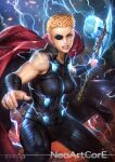  1girl artist_name avengers axe blonde_hair breasts cape cowboy_shot eyepatch genderswap genderswap_(mtf) holding holding_axe holding_weapon large_breasts lightning marvel neoartcore parted_lips red_cape short_hair solo thor_(marvel) watermark weapon web_address 