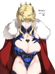  1girl artoria_pendragon_(all) artoria_pendragon_(lancer)_(fate) bangs blonde_hair blue_gloves blue_legwear blue_leotard blush breast_grab breasts candy cape chocolate chocolate_heart chocolate_on_breasts cleavage_cutout clothing_cutout commentary_request cowboy_shot crown dated deep_skin elbow_gloves eyebrows_visible_through_hair fate/grand_order fate_(series) food fur-trimmed_cape fur_trim gloves gold_trim grabbing green_eyes heart highleg highleg_leotard highres huge_breasts leaning_forward leotard medium_hair red_cape sidelocks signature simple_background smile solo swept_bangs thighs tooya_daisuke translation_request white_background 