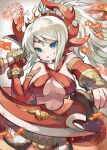 1girl absurdres bare_shoulders blue_eyes breasts character_request circlet criss-cross_halter dagger detached_sleeves dual_wielding grey_hair grin halterneck highres holding holding_dagger holding_weapon kuuron_(moesann17) long_sleeves looking_at_viewer medium_breasts ponytail puzzle_&amp;_dragons red_sleeves smile solo tiara translation_request weapon 