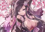  1girl arm_up bangs bare_shoulders black_hair breasts character_request cleavage closed_mouth collarbone eyebrows_visible_through_hair eyes_visible_through_hair flower highres holding holding_paintbrush kuuron_(moesann17) large_breasts long_sleeves looking_at_viewer paintbrush purple_eyes puzzle_&amp;_dragons red_flower smile solo tree_branch upper_body wide_sleeves 