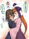  2girls anne_(wixoss) bangs blunt_bangs blush bow brown_eyes brown_hair commentary_request face-to-face from_side hair_bow hug japanese_clothes kominato_ruuko large_bow long_hair long_sleeves looking_away multiple_girls orange_hair parted_lips selector_wixoss sweat translation_request two-tone_bow wide_sleeves wixoss you2 yuri 