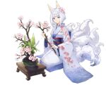  1girl animal_ears azur_lane blue_eyes cherry_blossoms closed_mouth floral_print flower fox_ears fox_girl fox_tail hair_flower hair_ornament hao_(patinnko) highres japanese_clothes kaga_(azur_lane) kimono long_sleeves looking_at_viewer multiple_tails official_alternate_costume official_art pink_flower seiza short_hair sitting smile stick tail transparent_background white_hair white_kimono wide_sleeves 