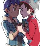  2boys beanie black_shirt blue_jacket blush brown_eyes brown_hair cable_knit commentary_request dark_skin dark_skinned_male eye_contact face-to-face fur-trimmed_jacket fur_trim grey_headwear hat holding_hand hop_(pokemon) jacket looking_at_another male_focus multiple_boys open_mouth pokemon pokemon_(game) pokemon_swsh purple_hair red_shirt shirt short_hair simple_background suruga_dbh sweatdrop victor_(pokemon) white_background yellow_eyes 