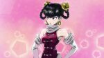  1girl bare_shoulders bell bell_earrings black_hair braid breasts brown_eyes china_dress chinese_clothes commentary derivative_work dress earrings english_commentary hair_rings highres jewelry jingle_bell lin_lin_(one-punch_man) medium_breasts one-punch_man pentagon_(shape) pink_background side_slit solo the_golden_smurf upper_body 