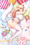  1girl ass babydoll bangs bed_sheet bindong blonde_hair blush breasts candy cat_lingerie cat_paws character_request cleavage_cutout closers clothing_cutout doll food gloves green_eyes heart heart_pillow highres large_breasts long_hair looking_at_viewer lying meme_attire on_side paw_cutout paw_gloves paws pillow solo tail thighhighs toeless_legwear white_legwear 