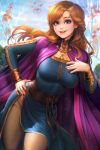  1girl anna_(frozen) aqua_eyes blue_sky blurry blurry_background blush breasts brown_pants cape disney earrings freckles frozen_(disney) hand_on_hip hand_up jewelry long_hair long_sleeves looking_at_viewer neoartcore nipples orange_hair outdoors pants parted_lips pink_nails plant shadow sky smile solo thighhighs tree 