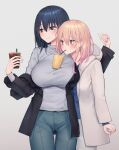  2girls black_hair black_jacket blonde_hair blue_eyes blue_panties breasts bubble_tea_challenge closed_mouth cup denim drinking drinking_straw_in_mouth earrings eyebrows_visible_through_hair fingernails grey_background grey_sweater hair_between_eyes hand_up highres holding holding_cup jacket jeans jewelry large_breasts long_sleeves looking_to_the_side multiple_girls orange_eyes original panties pants piripun short_hair simple_background smile sweatdrop sweater underwear white_jacket yuri 