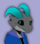  anthro black_eyes blue_eyes clothed clothing collaboration grey_body grey_skin hoodie horn kobold looking_at_viewer male milachu92 portrait reptile scalie scar side_b solo topwear yamatokuroko965 