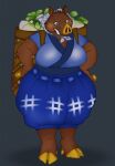  animal_crossing anthro bandanna brown_body brown_fur clothed clothing deermary female food fur hands_on_hips hi_res hooves kerchief mammal mature_female nintendo old plant solo sow_joan suid suina sus_(pig) turnip vegetable video_games wild_boar 