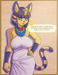  2021 5_fingers animal_crossing ankha_(animal_crossing) anthro big_breasts blue_eyes blue_hair breasts clothed clothing conditional_dnp dialogue digital_media_(artwork) domestic_cat dress english_text felid feline felis female fingers hair hand_on_hip hi_res kadath looking_at_viewer mammal nintendo open_mouth short_hair signature solo speech_bubble striped_tail stripes talking_to_viewer text uraeus usekh video_games 