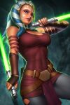  1girl abs ahsoka_tano belt blue_eyes blush breasts colored_skin covered_nipples curvy dress dual_wielding energy_sword facial_mark glowing glowing_weapon grey_legwear holding jedi large_breasts lightsaber linea_alba lips long_hair looking_at_viewer looking_down multicolored_hair navel neoartcore orange_skin pantyhose patreon_username pose red_dress reverse_grip solo standing star_wars star_wars:_the_clone_wars sword thick_thighs thighs togruta weapon 