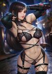  1girl abs arm_guards armpits arms_up black_bra black_hair black_legwear black_panties blurry blurry_background bra brown_eyes elbow_gloves final_fantasy final_fantasy_vii final_fantasy_vii_remake fingerless_gloves gloves lace lace_bra lace_panties lingerie long_hair looking_at_viewer navel neoartcore outdoors panties parted_lips red_eyes smile solo stomach sweat thighhighs tifa_lockhart toned underwear very_long_hair 