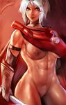  1girl abs axe battle_axe breasts cape colored_pubic_hair dagr_(fire_emblem) fire_emblem fire_emblem_heroes gauntlets headpiece large_breasts light_blue_hair mrkg_(arsfatuus) muscular navel nipples pubic_hair red_cape silver_eyes weapon 