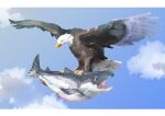  animalization bald_eagle bird blue_eyes blue_sky cloud eagle fish flying highres kamikoshi_sorawo nishina_toriko no_humans nro salmon_(fish) sky tears urasekai_picnic 