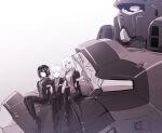  3girls ^_^ arm_strap bangs bodysuit breasts cleavage closed_eyes crossbone_gundam crossbone_gundam_ghost dark_skin dark_skinned_female deux_luka_frills greyscale gundam hands_together highres ishiyumi looking_up mecha medium_breasts mobile_suit monochrome multiple_girls pilot_suit science_fiction short_hair sitting smile tres_mares upper_body v_gundam yi_lychee 