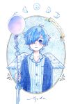  1boy balloon blue_cardigan blue_eyes blue_hair blue_theme breast_pocket cardigan check_copyright copyright_request crescent_moon feathered_wings full_moon hair_over_one_eye half_moon highres holding holding_balloon moon moon_phases original pocket shirt short_hair solo striped striped_shirt upper_body white_wings wings yutsukidayo 