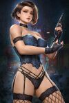  1girl bare_shoulders black_gloves black_panties blue_eyes blurry blurry_background breasts choker cowboy_shot fingerless_gloves gloves gun handgun jill_valentine lingerie lips neoartcore panties parted_lips pistol resident_evil resident_evil_3 shadow short_hair solo underwear weapon 