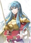  1girl aqua_eyes aqua_hair armor bangs breastplate breasts cape delsaber earrings eirika_(fire_emblem) eyebrows_visible_through_hair fingerless_gloves fire_emblem fire_emblem:_the_sacred_stones gloves gold_armor highres jewelry long_hair looking_to_the_side parted_lips petals rapier red_gloves red_shirt shadow shiny shiny_hair shirt short_sleeves sidelocks simple_background solo sword upper_body weapon white_background 