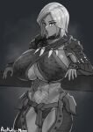  1girl :o absurdres aestheticc-meme armpit_peek bangs bodysuit breasts english_commentary fang_necklace fishnet_bodysuit fishnets greyscale highres huge_breasts leaning_back looking_at_viewer monochrome monster_hunter_(series) monster_hunter_rise navel open_hands panties parted_lips short_hair solo sweat thick_thighs thighs underboob underwear 