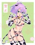  1girl alternate_costume animal_ears animal_print areola_slip areolae asa_no_ha_(pattern) azur_lane bell black_choker blush breasts chinese_zodiac choker cleavage commentary cow_ears cow_horns cow_print cow_tail cowbell cowboy_shot elbow_gloves eyebrows_visible_through_hair fake_animal_ears fake_horns fake_tail finger_gun gloves green_background green_eyes hair_between_eyes highres horns javelin_(azur_lane) looking_at_viewer medium_breasts medium_hair momokan_(meloco) navel neck_bell new_year o-ring open_mouth ponytail pose print_gloves purple_hair revealing_clothes seigaiha skindentation solo stomach strap sweatdrop tail thighs year_of_the_ox 