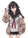  1girl :d bangs black_hair black_sailor_collar black_skirt blush braid breasts brown_cardigan brown_eyes cardigan commentary_request eyebrows_visible_through_hair glasses hair_between_eyes hand_in_pocket hand_up highres holding long_hair looking_at_viewer natsuki_teru off_shoulder open_cardigan open_clothes open_mouth original pleated_skirt red-framed_eyewear red_neckwear sailor_collar school_uniform serafuku shirt simple_background skirt small_breasts smile solo standing translation_request twin_braids v-shaped_eyebrows white_background white_shirt 