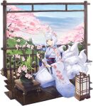  1girl animal_ears azur_lane blue_eyes cherry_blossoms closed_mouth floral_print flower fox_ears fox_girl fox_tail hair_flower hair_ornament hao_(patinnko) highres japanese_clothes kaga_(azur_lane) kimono long_sleeves looking_at_viewer multiple_tails official_alternate_costume official_art pink_flower seiza short_hair sitting smile stick tail transparent_background tree white_hair white_kimono wide_sleeves 